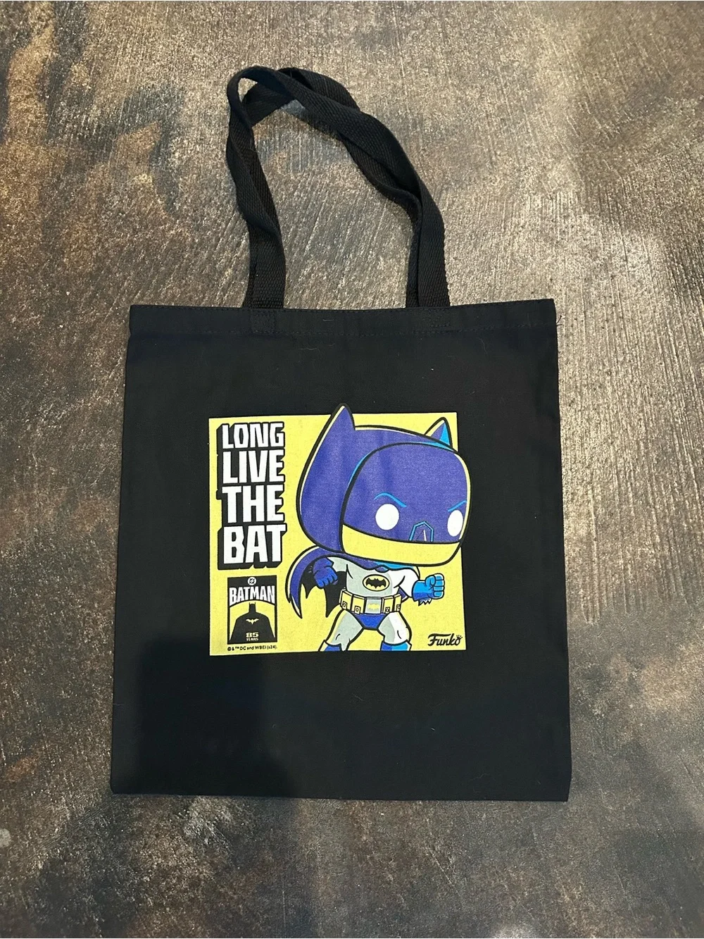 Funko Black Promo Tote Bag with Yellow & Blue Batman Pop Art